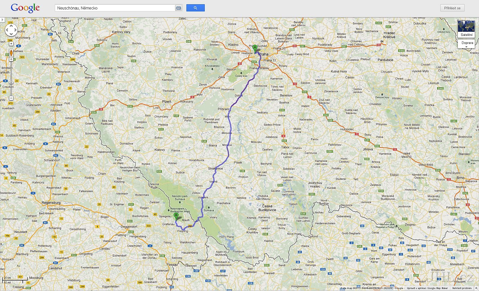 01_Neuschoenau_trasa.jpg - Trasa: Praha - Neuschönau (197 km, 2 hod. 45 min.) / Route: Prague - Neuschönau (197 km, 2 hours 45 minutes)